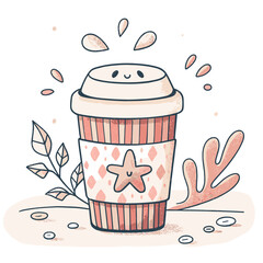 Hot cocoa takeaway cup with playful design and leaves around  