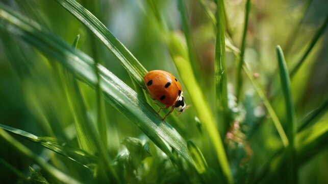 A ladybug is sitting on a green leaf. The ladybug is red and black. The leaf is green and has a few brown spots