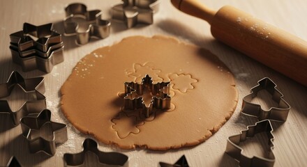 Homemade Cookies: A culinary scene unfolds as a sheet of fresh dough is meticulously crafted for holiday cookies. Featuring a rolling pin and an array of festive cookie cutters.