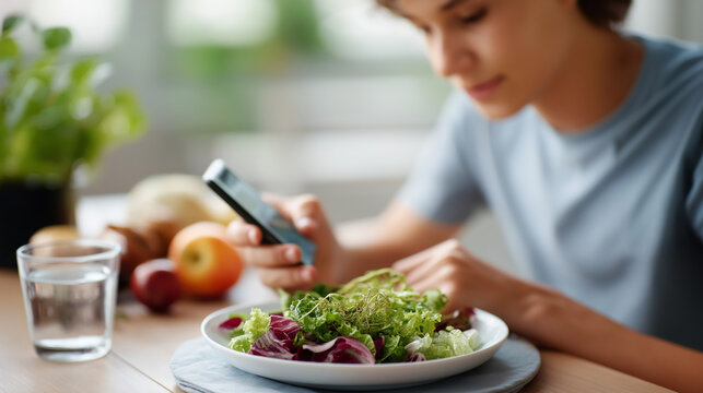 Faceless young individual calculating meal energy at dining surface defocused blurred table background nutritional computation activity dietary tracking scene food value