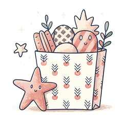 Decorative paper bag filled with holiday snacks and sea star  