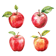 Vibrant Watercolor Red Apples with Green Leaves
