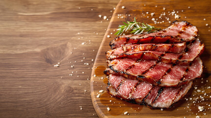 Flat lay of Grilled alpaca meat lean slices, sweet flavor profile, highland herbs, simple seasoning