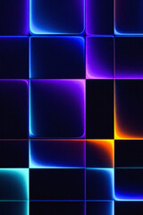 Abstract glowing geometric grid pattern with neon blue purple and orange light effects on dark background