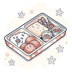 Japanese bento box with rice, dumplings, and side dishes for meal  