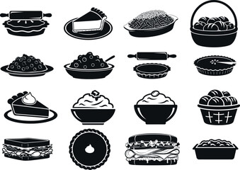 Collection of black and white pie illustrations for baking and dessert themes