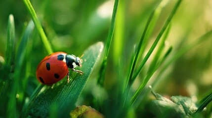 Fototapeta premium A ladybug is sitting on a green leaf. The ladybug is red and black with white spots