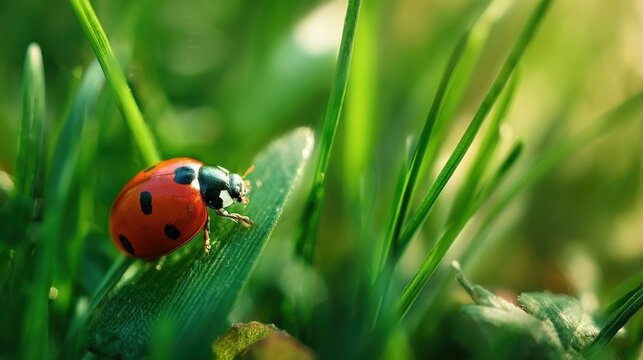 A ladybug is sitting on a green leaf. The ladybug is red and black with white spots - Powered by Adobe