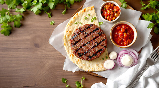 Flat lay of pljeskavica serbian hamburger patty ground beef-pork, lepinja flatbread, ajvar, onions, kajmak toppings