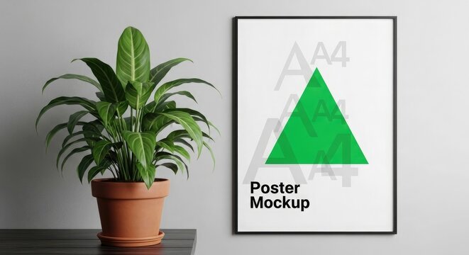 A4 poster frame mockup with green plant in pot on table against gray wall background