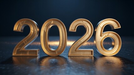 Professional macro three dimensional golden numbers 2026 dark reflective surface