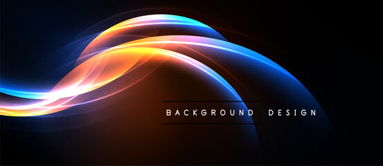 Abstract flowing lines, vibrant colors, dark background. Modern design element, dynamic curves, light effects present.