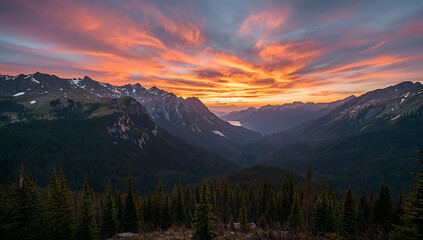 Obraz premium Crisp photorealistic mountain landscape with glowing sunset and lush wilderness.