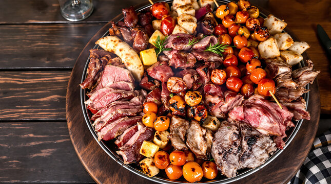 Overhead shot of ro&scaron;tilj mixed grill platter with ćevapčići, pljeskavica, kobasice sausage, ražnjići skewers, leskovac style