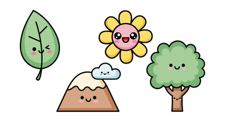 Cute cartoon nature elements: leaf, flower, mountain, and tree with kawaii faces.