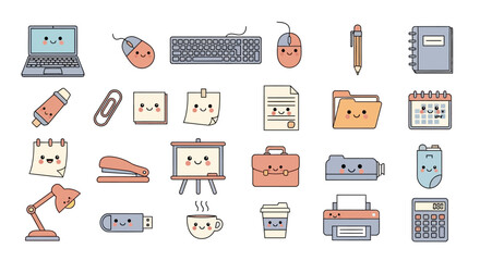 Cute office supplies icons: laptop, mouse, keyboard, notepad, pen, calendar, and more.