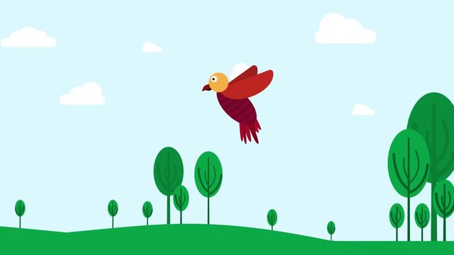Flying Bird Over Trees and House in Cloudy Bright Sky Cartoon Animation Video