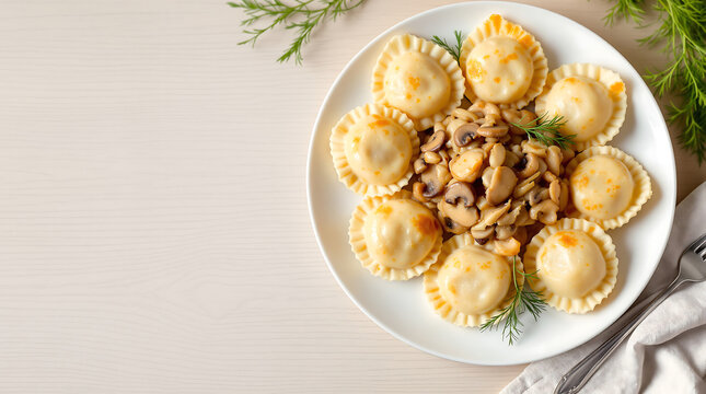 Overhead view of pierogi z kapustą i grzybami with sauerkraut and mushroom stuffing, golden boiled dumplings, dill garnish for recipe card