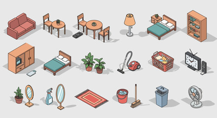 Isometric furniture and household items illustration.