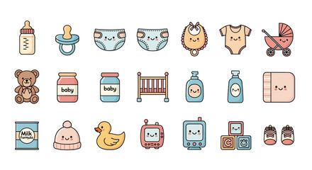 Collection of baby-themed icons in a flat design style.