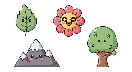 Cute cartoon nature icons: leaf, flower, mountain, and tree with kawaii faces.