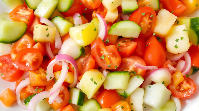 Overhead view of srpska salata chopped tomato, cucumber, onion, pepper salad, sunflower oil drizzle, no cheese, fresh summer colors