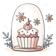 Festive cupcake in glass dome with flowers and decorative elements  