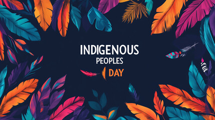 Illustration celebrating Indigenous Peoples Day. Feathers in diverse patterns on dark blue background. For cultural events, educational materials, awareness campaign.