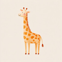 Cute cartoon giraffe standing against a light background, displaying a joyful expression and distinctive orange and cream spots