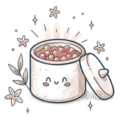 Illustrated container of cranberry sauce with a smiling face and flowers - Concept of Holiday Takeaways  