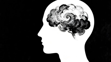Obraz premium Black and white negative space silhouette of human head profile with swirling ink clouds inside brain symbolizing chaotic mind, confusion, and mental health struggle (Overthinking )