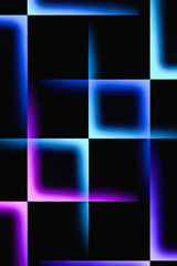 Abstract geometric grid pattern with glowing neon blue and purple light lines on a dark background