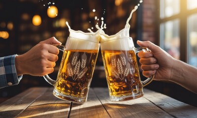 Two beer mugs clinking in a toast, splashing foam