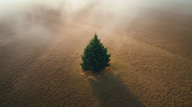 A solitary evergreen tree stands alone in a misty field during sunrise, casting a long shadow across the dry grass, evoking a sense of peace and solitude - Powered by Adobe