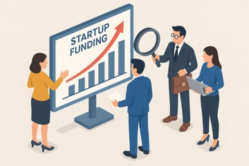 Group of business people discussing and analyzing startup funding data on a growth chart, evaluating new investment opportunities
