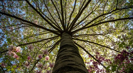 Fototapeta premium Green nature landscape with trees, leaves, and branches in the forest, woods, and park in summer and spring