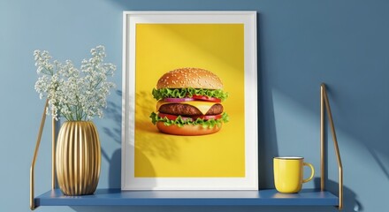Framed burger poster on a shelf with a vase of flowers and a mug, creating a cozy and inviting atmosphere