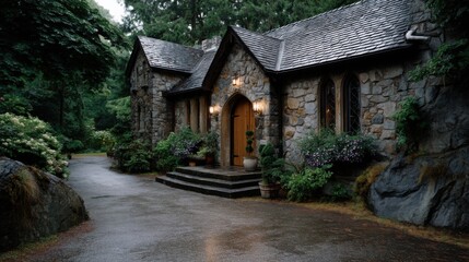 Photo of an old stone and wood cottage with Gothic arches, slate roof, large front door, surrounded by forest on a rainy evening. Stone path with large rocks on the side.