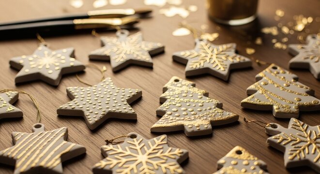Holiday Ornament Creation: An array of handcrafted Christmas ornaments, each a unique piece of festive art, shimmering with gold embellishments, sit on a wood surface, accompanied by artistic tools.