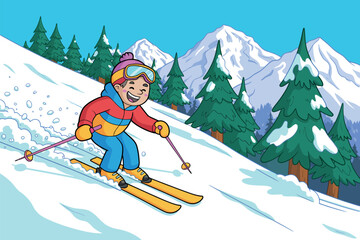 A happy child skis down a snowy mountain slope surrounded by pine trees and snow-capped peaks.