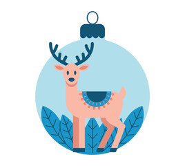 A cute deer is depicted inside a Christmas ornament with leaves.