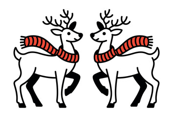 Two cartoon reindeer wearing striped scarves stand facing each other.