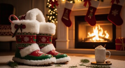Christmas boots and festive cheer: A pair of festive boots and warm beverage alongside the fireplace, symbolizing the warmth and anticipation of the holiday season. The fire crackles merrily.