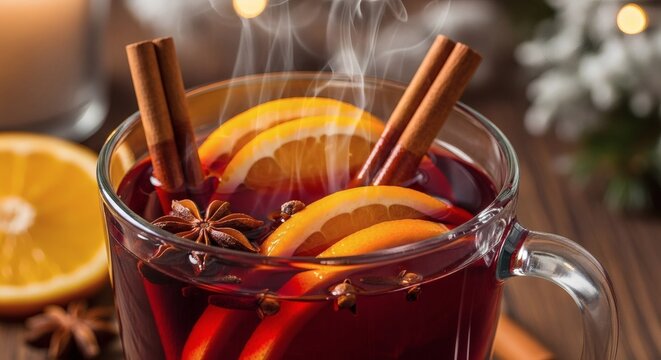 Aromatic Mulled Wine Delight: A steamy mug of spiced mulled wine, adorned with fragrant cinnamon sticks, orange slices and star anise, evokes warmth and comfort, perfect for chilly evenings.