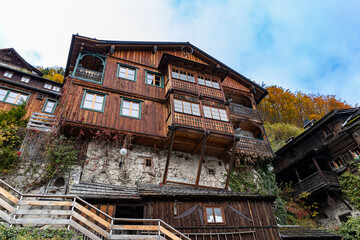 The beautiful Austrian town of Hallstatt with ancient architecture and the autumn Alps in the background