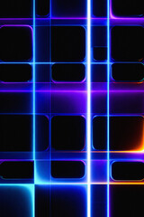 Abstract neon grid pattern with glowing blue and purple light streaks on a dark background