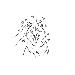 Continuous line art of a happy dog being lovingly petted by a human hand. Minimalist illustration of pet-owner bond, love, and care.