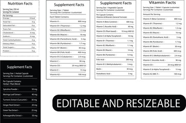 Fototapeta premium Editable nutrition and supplement facts labels templates