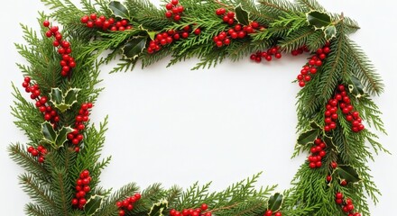 Festive Frame: A rectangular wreath of seasonal evergreen branches and vibrant red berries create a festive border for holiday celebrations. 