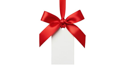 Price tag with red ribbon hanging on transparent surface for sales